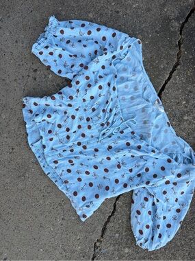 Free People Light Blue Polka Dot Blouse with Brown Accents